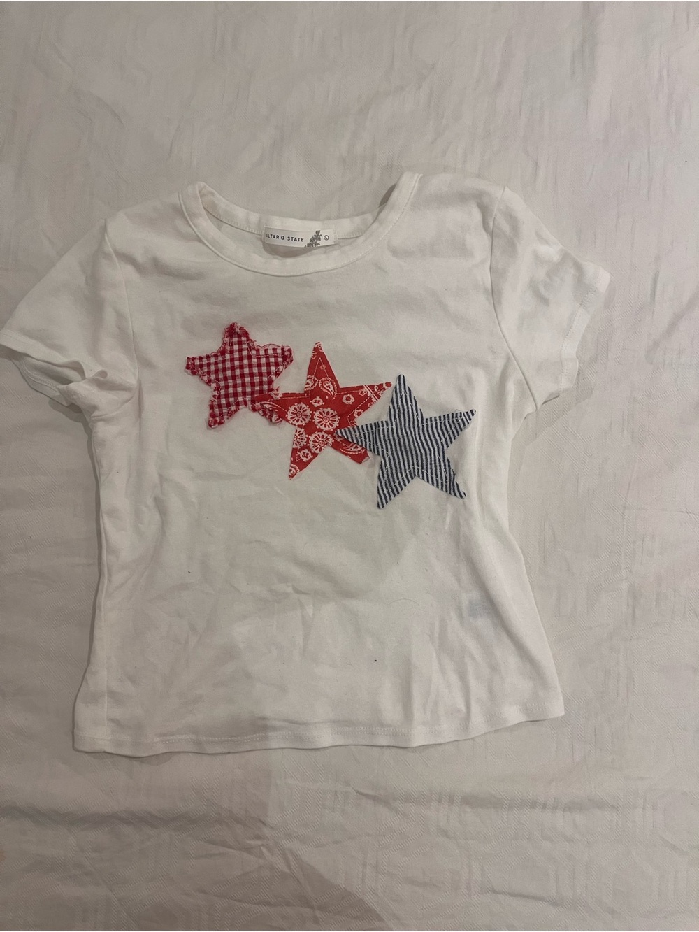White Baby-Tee with Red & Blue Star patchwork